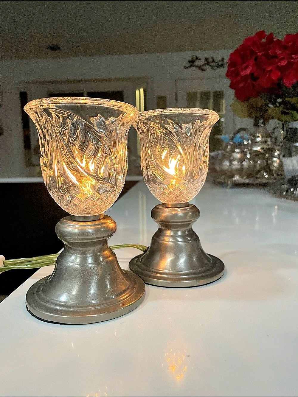 Glass Candleholder Electric Lamps Pair in Brushed Silver Vintage Set of 2
